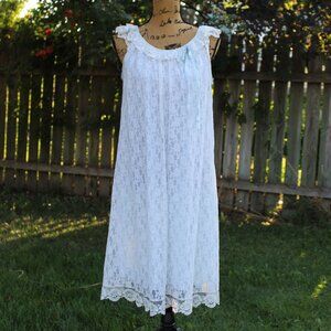 Vtg 50s Miss Siren Blue Nylon Ivory Lace Sleeveless Peignoir Nightgown Women's S